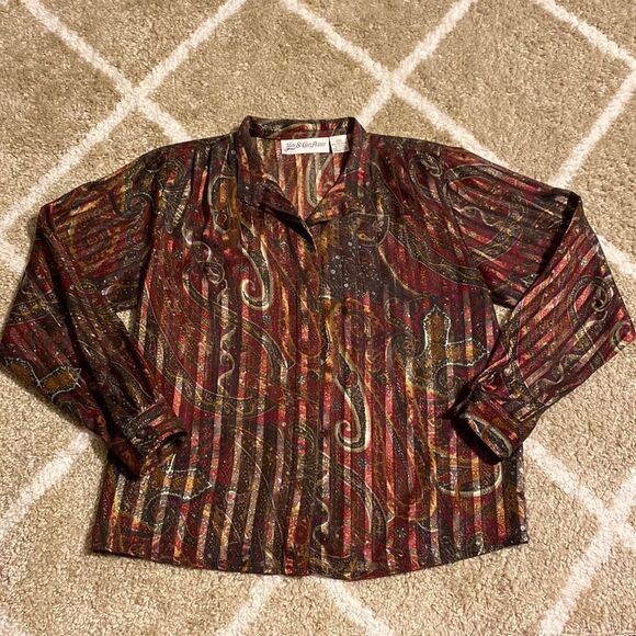 Vintage Yves St. Clair Petites Striped Sheer Paisley Collared Button Down Blouse - Picture 1 of 9